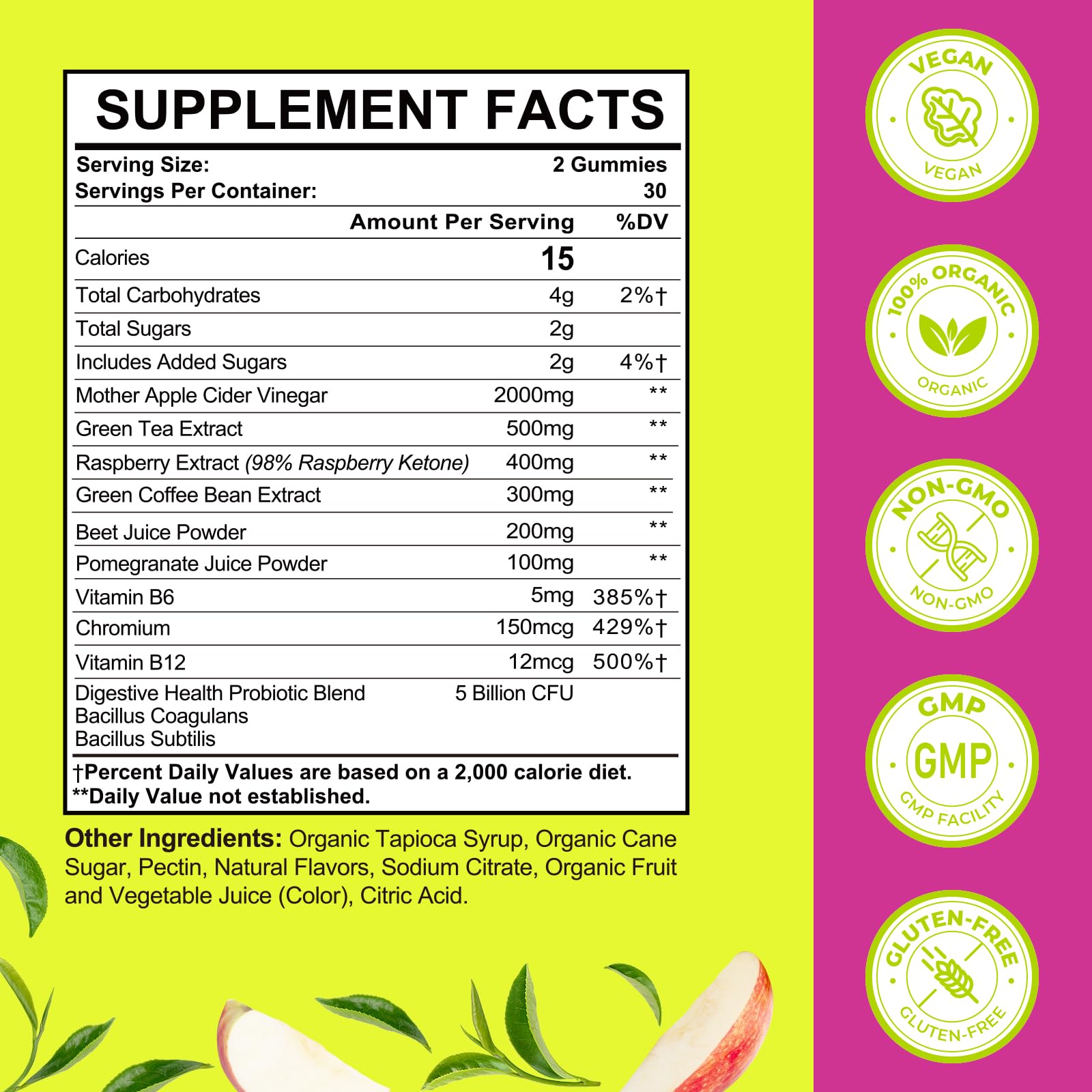 Tisestence ACV Gummies bottle closeup shows green tea and probiotics for gut health.