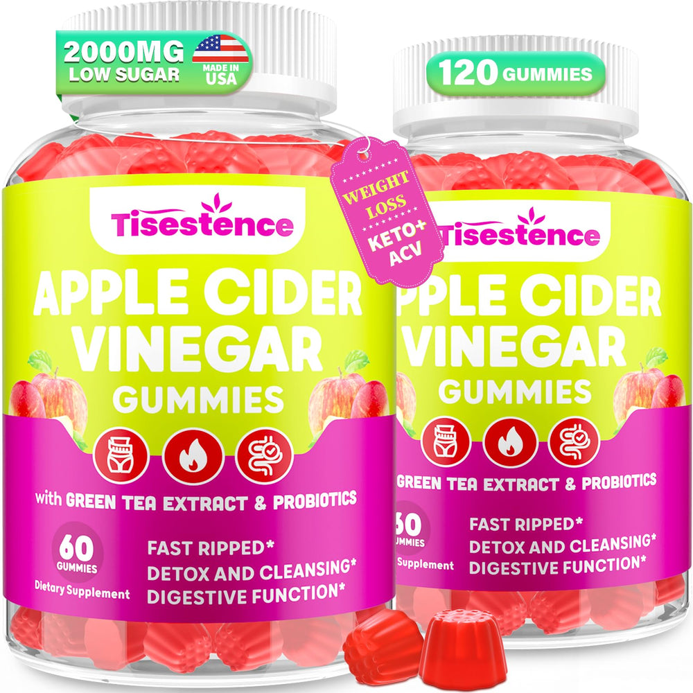 Tisestence Apple Cider Vinegar Gummies packaging highlights vegan formula and clean wellness.
