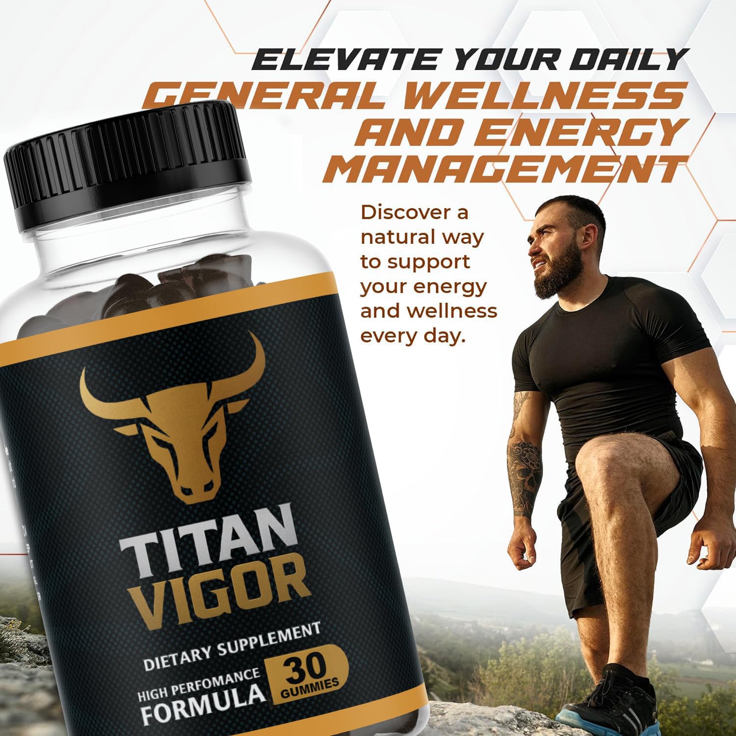 Titan Vigor gummies closeup highlights natural ingredients for daily wellness.
