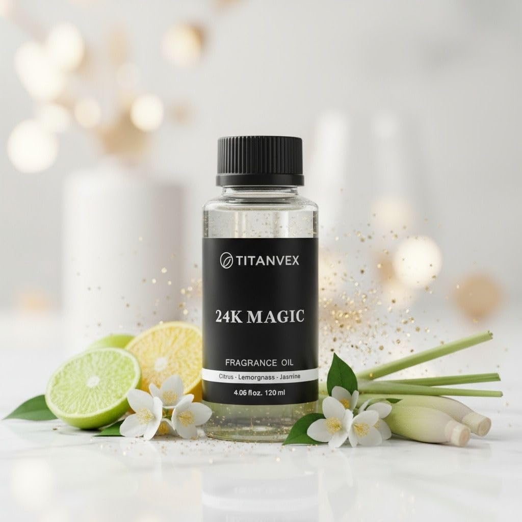 TitanVex bottle with ambient glow suggests long-lasting fragrance for large spaces.
