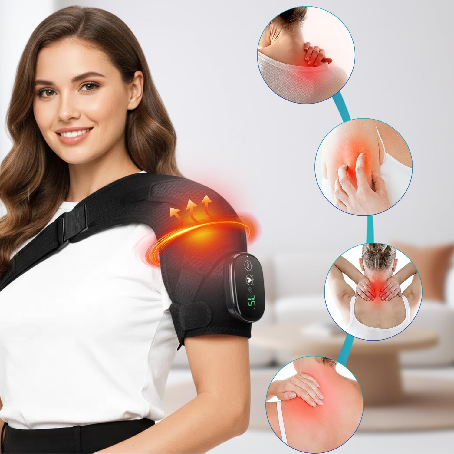 Tizwis Shoulder Heating Pad demonstrates three vibration modes for customizable massage sensations.