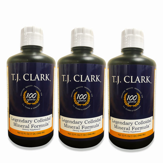 T.J. Clark Legendary Mineral bottle closeup showing natural trace minerals for daily wellness.
