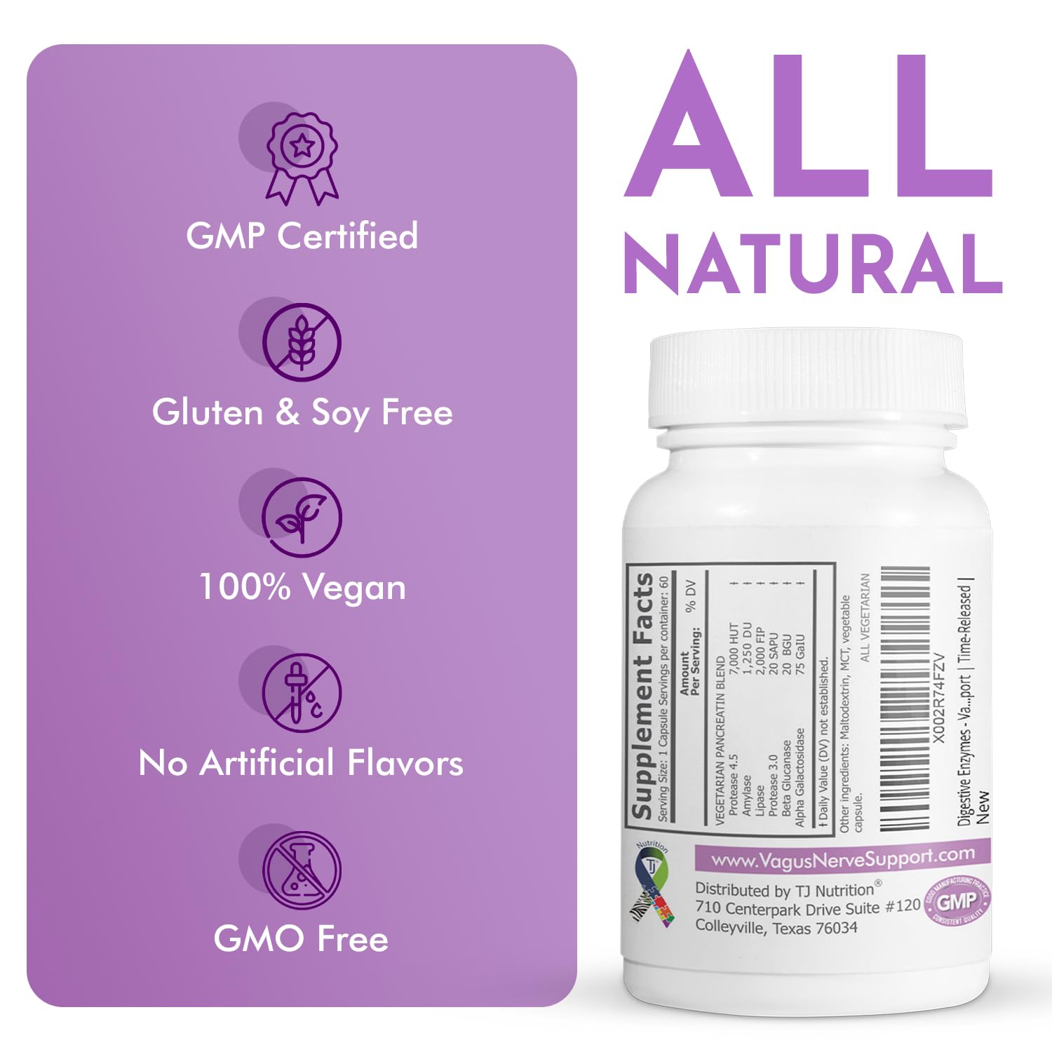 TJ Nutrition Digestive Enzymes bottle highlights vagus nerve support benefits.