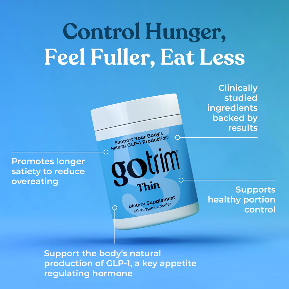 TLS GoTrim bottle label front shows vegan, gluten-free formula for everyday wellness.