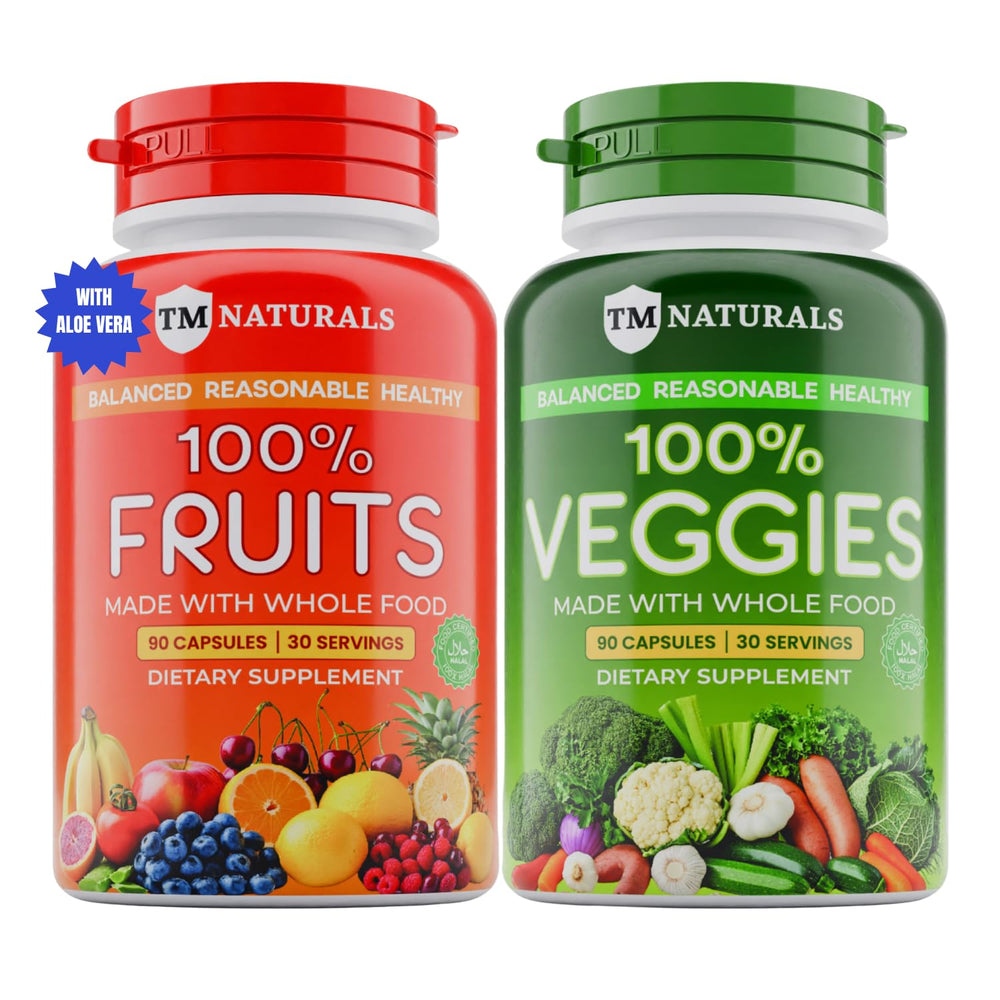 TM NATURALS Fruit and Veggies bottle pour highlights convenient daily nutrition support.