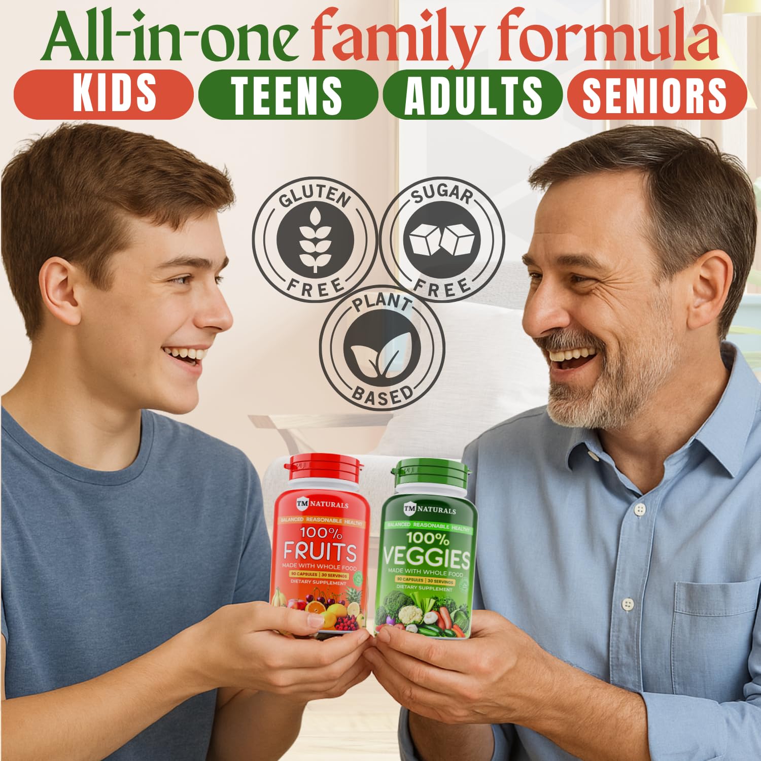 TM NATURALS capsules closeup showcases plant-based ingredients for natural energy.