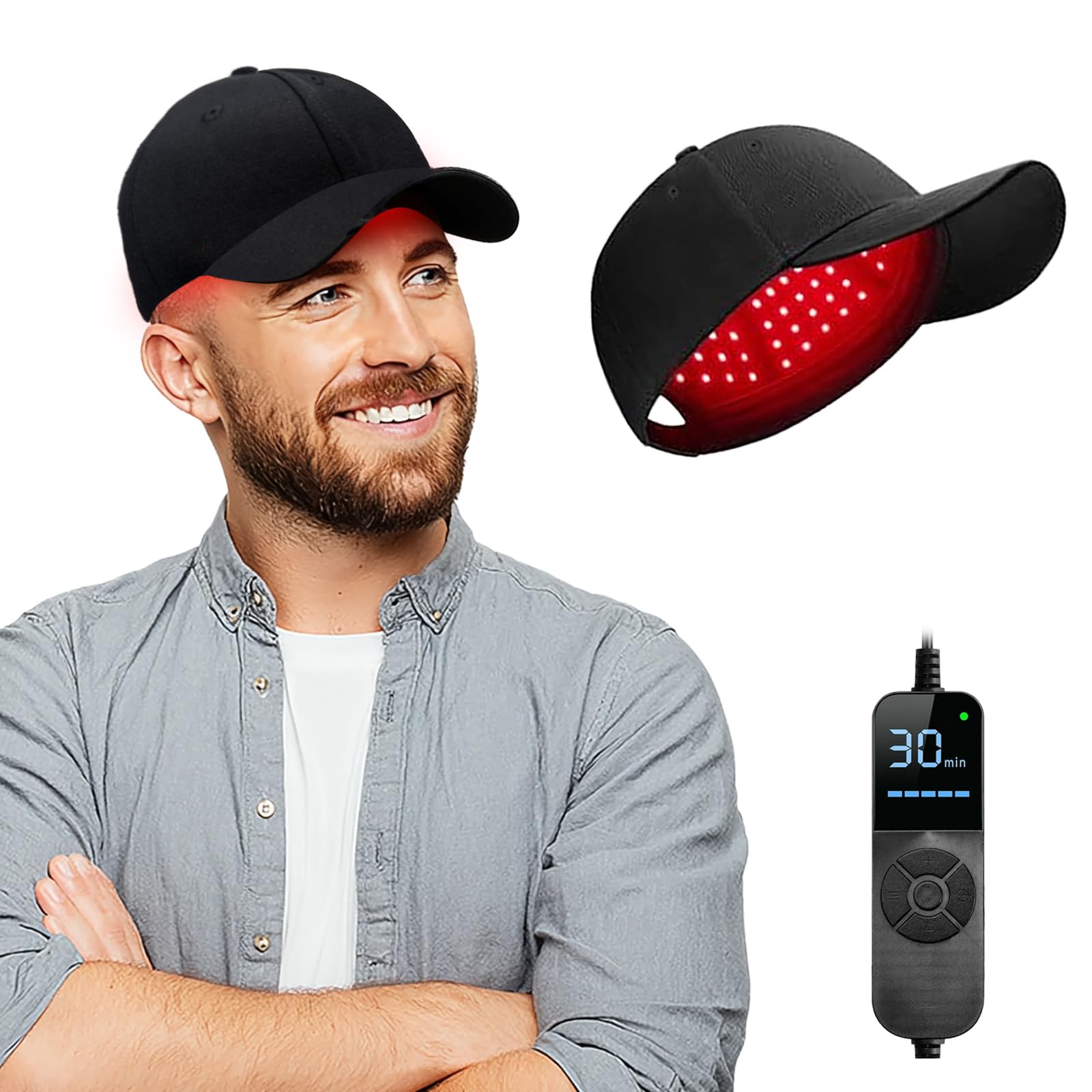 TMOSSO Laser Cap on head offers convenient at-home sessions for potential hair growth support.