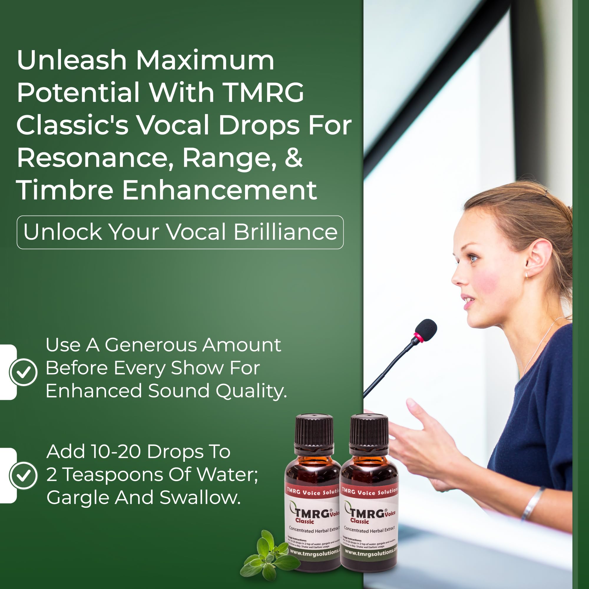 Product label close-up highlighting natural vocal support and usage tips.