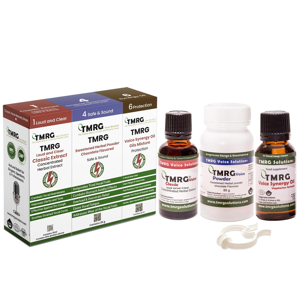 TMRG Powerful Vocal Recovery Kit Large packaging highlights premium natural ingredients for professional vocal care