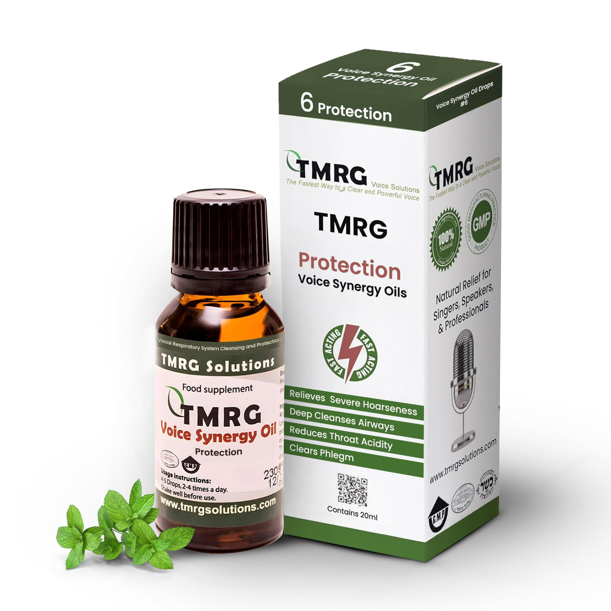 TMRG Voice Synergy Oil bottle ready for natural vocal support during daily use