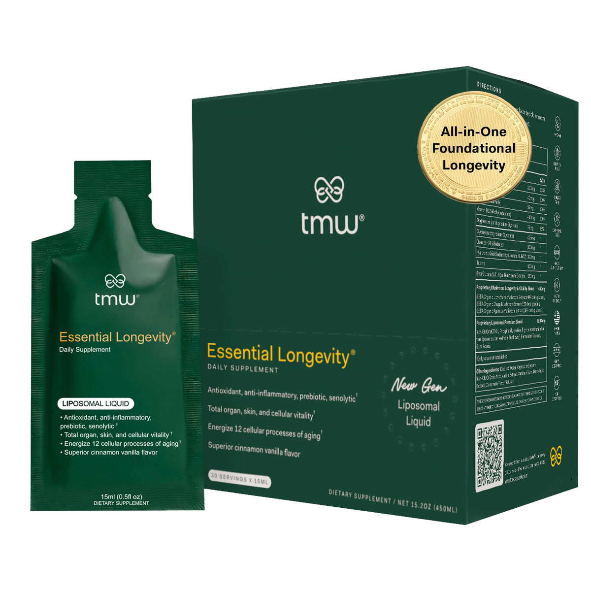 TMW Essential Longevity bottle with sachets for convenient daily supplementation.