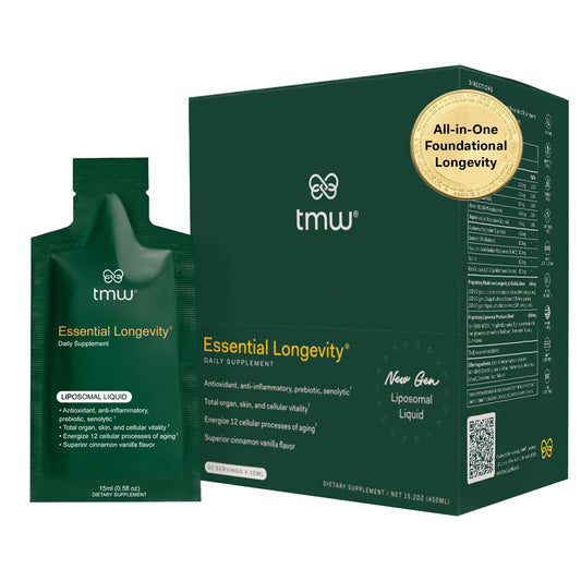 TMW Essential Longevity bottle with sachets for convenient daily supplementation.