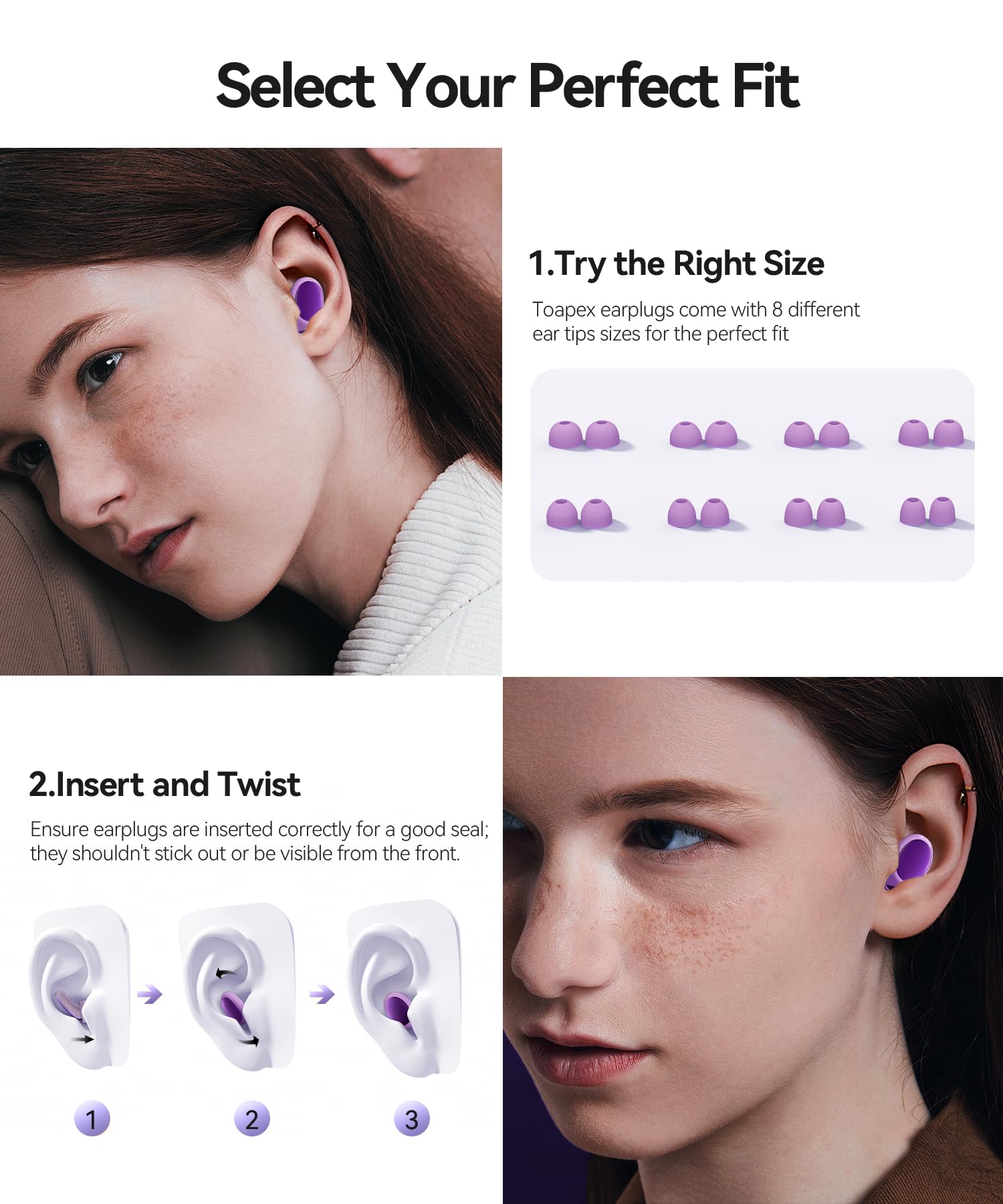 TOAPEX silicone ear plugs with eight tip sizes adaptable to most ears