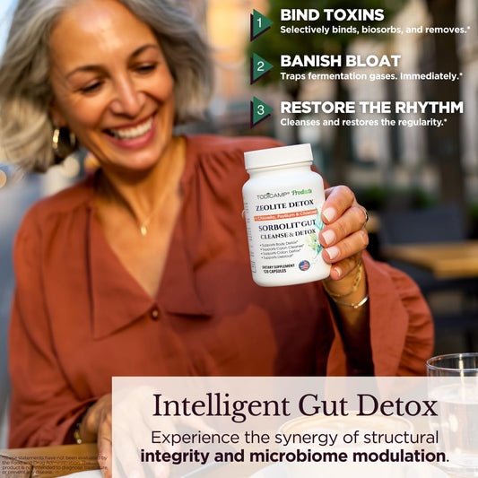 TODICAMP Sorbolit coconut charcoal capsules image shows fast gas relief in daily use