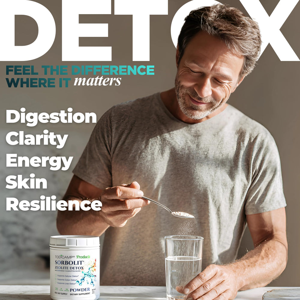 Todicamp Zeolite Detox measuring spoon highlights precise dosage for a gentle detox.