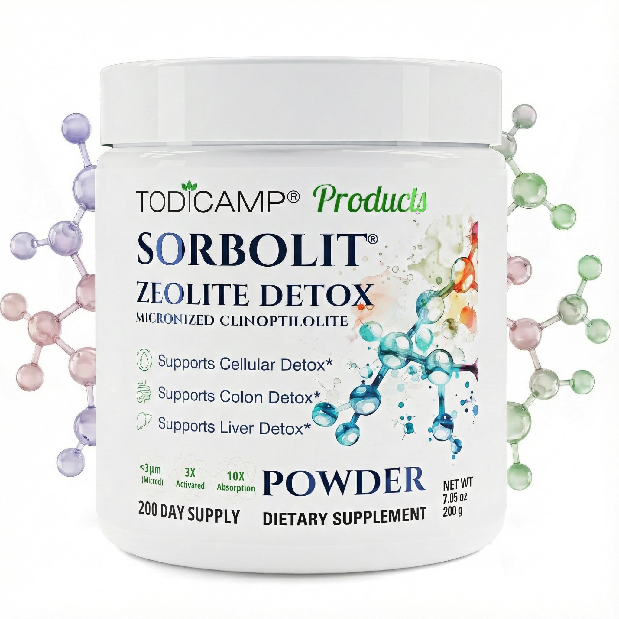 Todicamp Zeolite Detox powder tub demonstrates high absorption for a potential full-body cleanse.