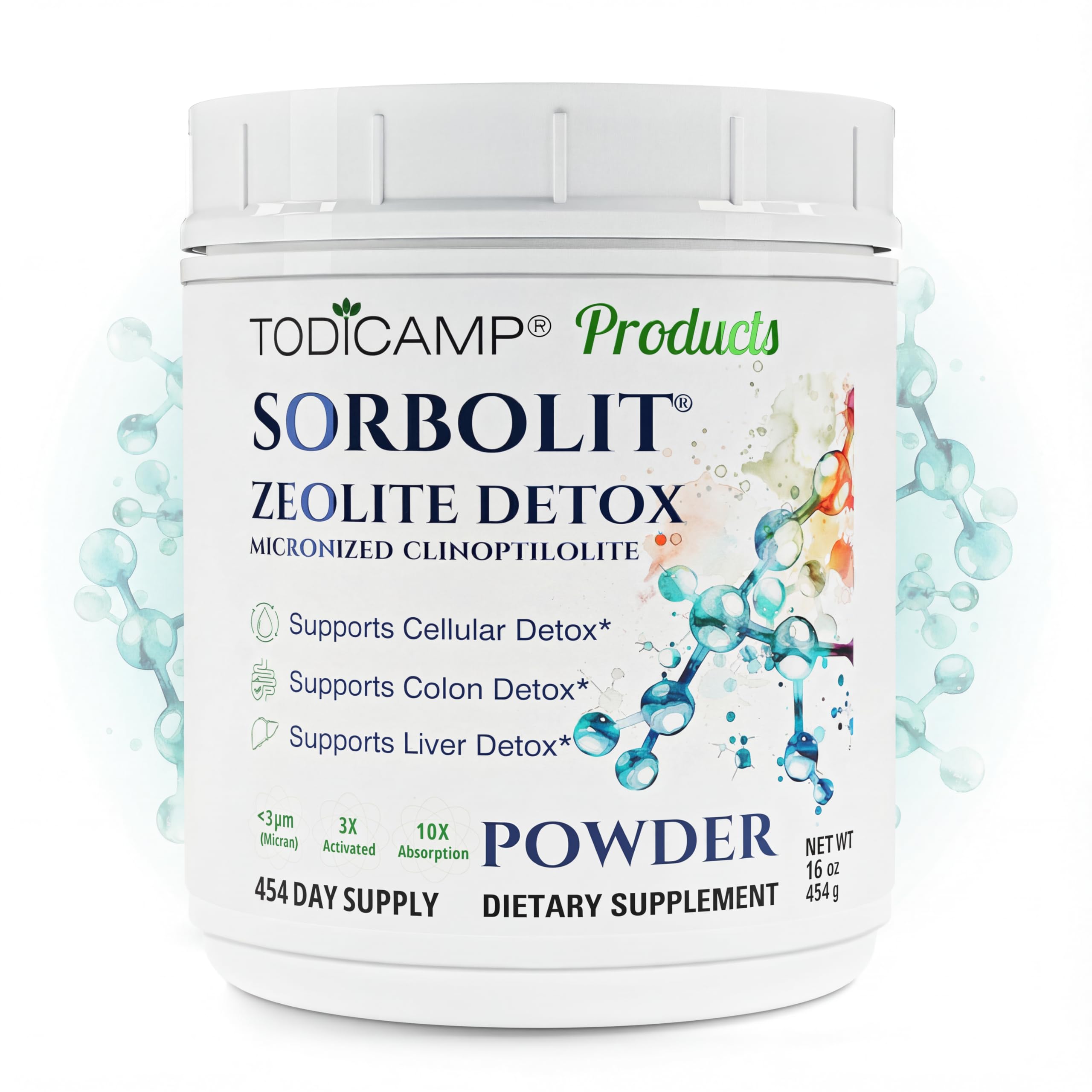TODICAMP Zeolite Detox Sorbolit cellular detox powder supports cellular cleansing and toxin binding.