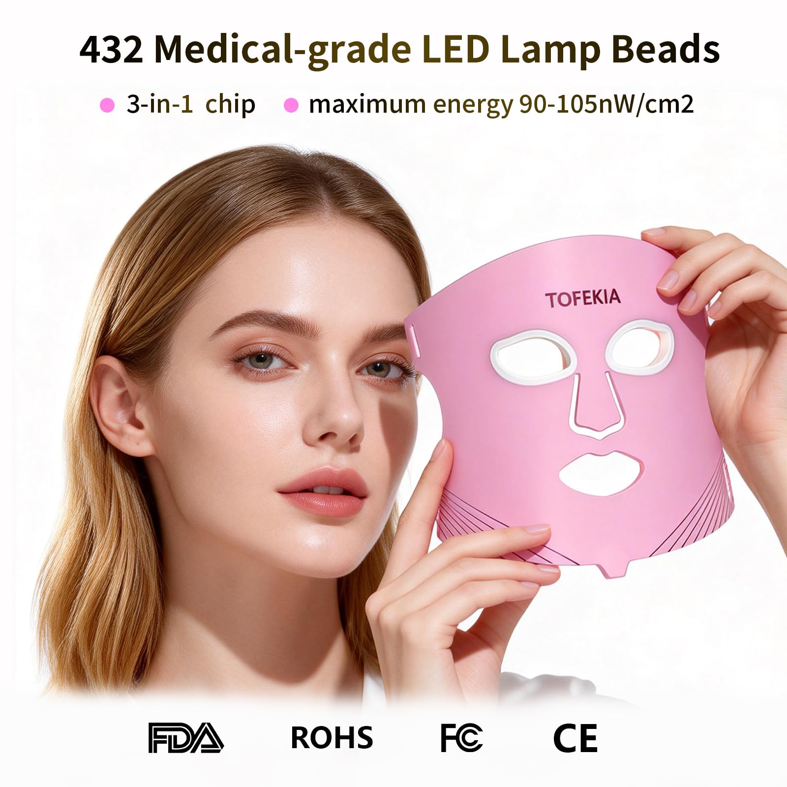 TOFEKIA LED spectrum display shows 3-in-1 light modes for skincare sessions.