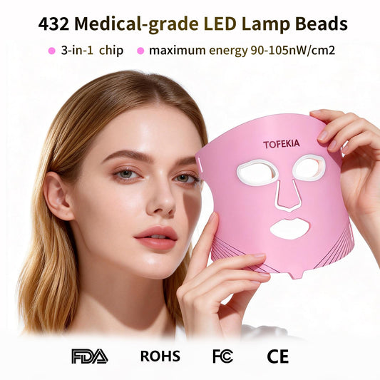 TOFEKIA LED spectrum display shows 3-in-1 light modes for skincare sessions.