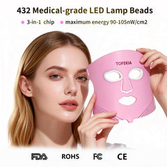TOFEKIA LED spectrum display shows 3-in-1 light modes for skincare sessions.