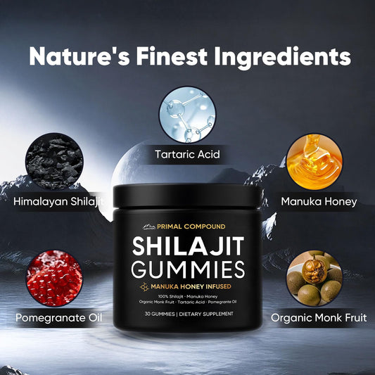 TOGOLIUN Shilajit Gummies with Manuka honey jar highlighting premium energy.