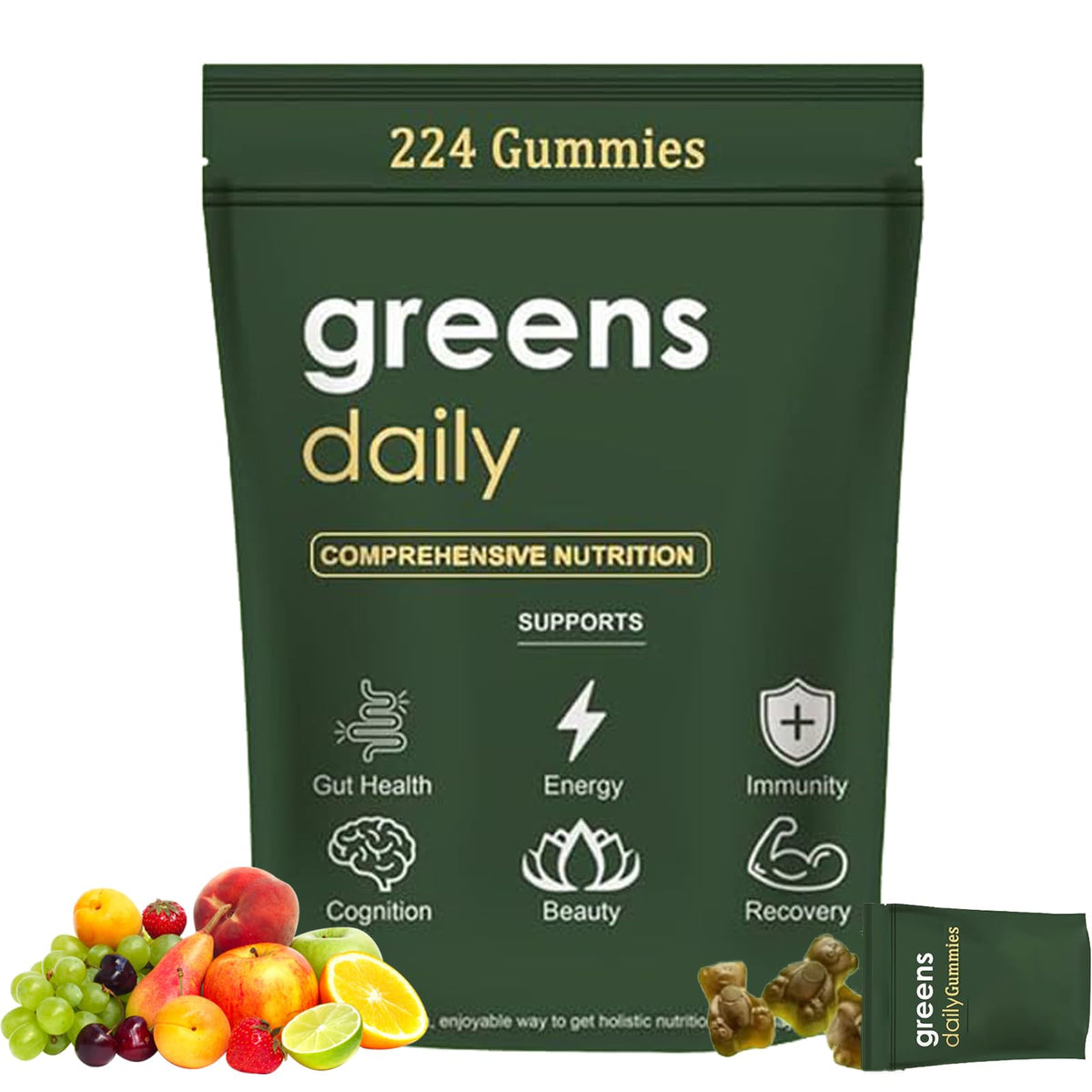 TOGOLIUN Greens Gummies bottle with chlorella and spirulina for daily greens.