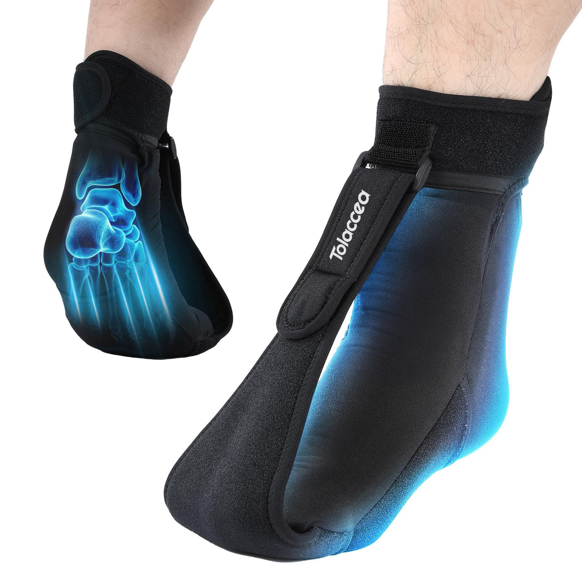 Tolaccea full-foot ice pack sock covering the foot for even cooling