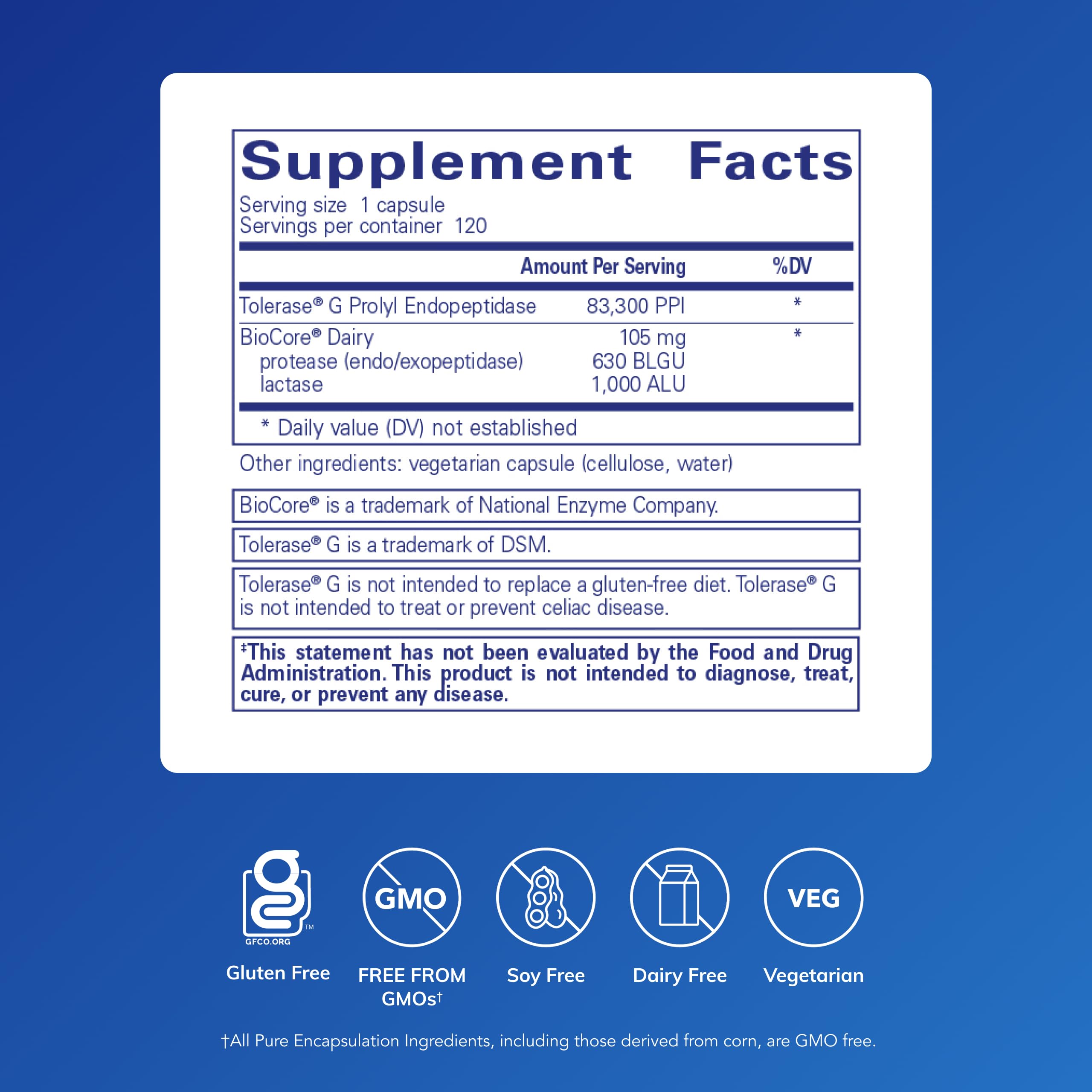 Pure Encapsulations Tolerase G cap showing gluten breakdown support.