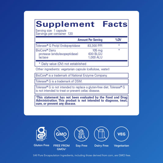 Pure Encapsulations Tolerase G cap showing gluten breakdown support.