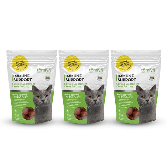 Tomlyn Immune Support Lysine chews packaging showing a 3-pack for easy daily use.