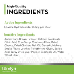 Tomlyn Lysine chews close-up showing cat enjoying flavor and simple dosing.