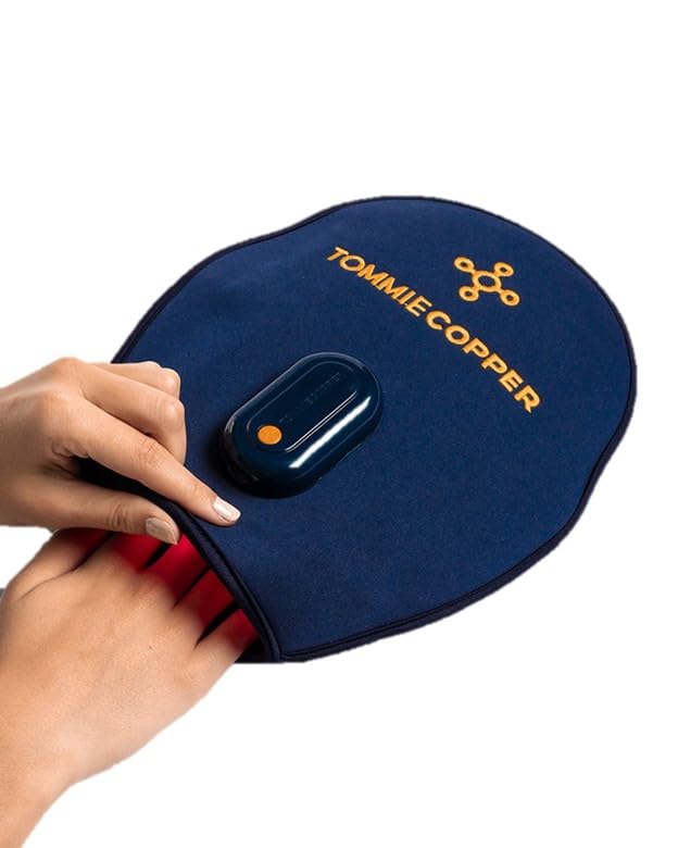 Tommie Copper infrared and red light mitt, top view, supports potential hand and wrist relief.