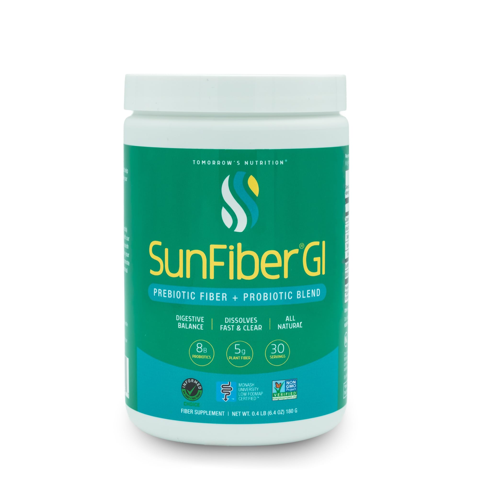 Tomorrow's Nutrition Sunfiber GI tub label, convenient daily prebiotic fiber.