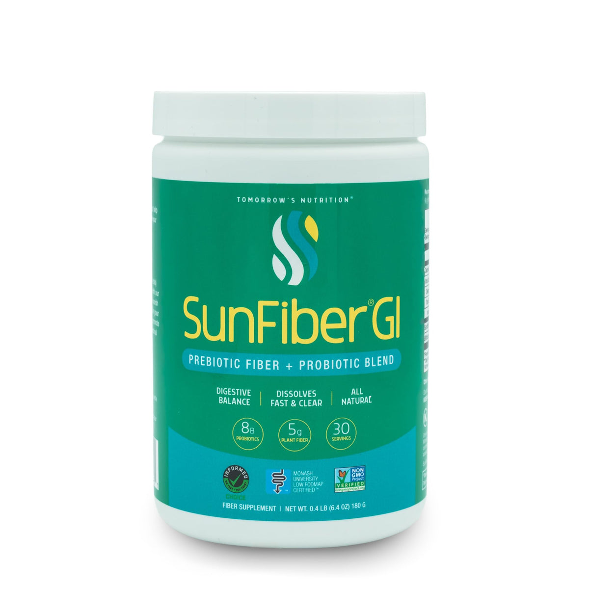 Tomorrow's Nutrition Sunfiber GI tub label, convenient daily prebiotic fiber.