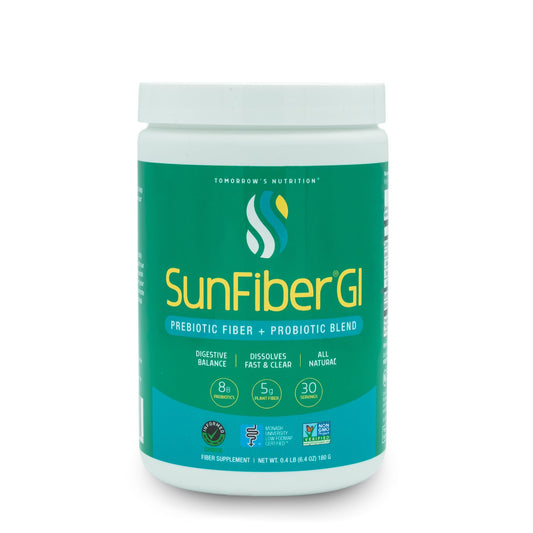 Tomorrow's Nutrition Sunfiber GI tub label, convenient daily prebiotic fiber.