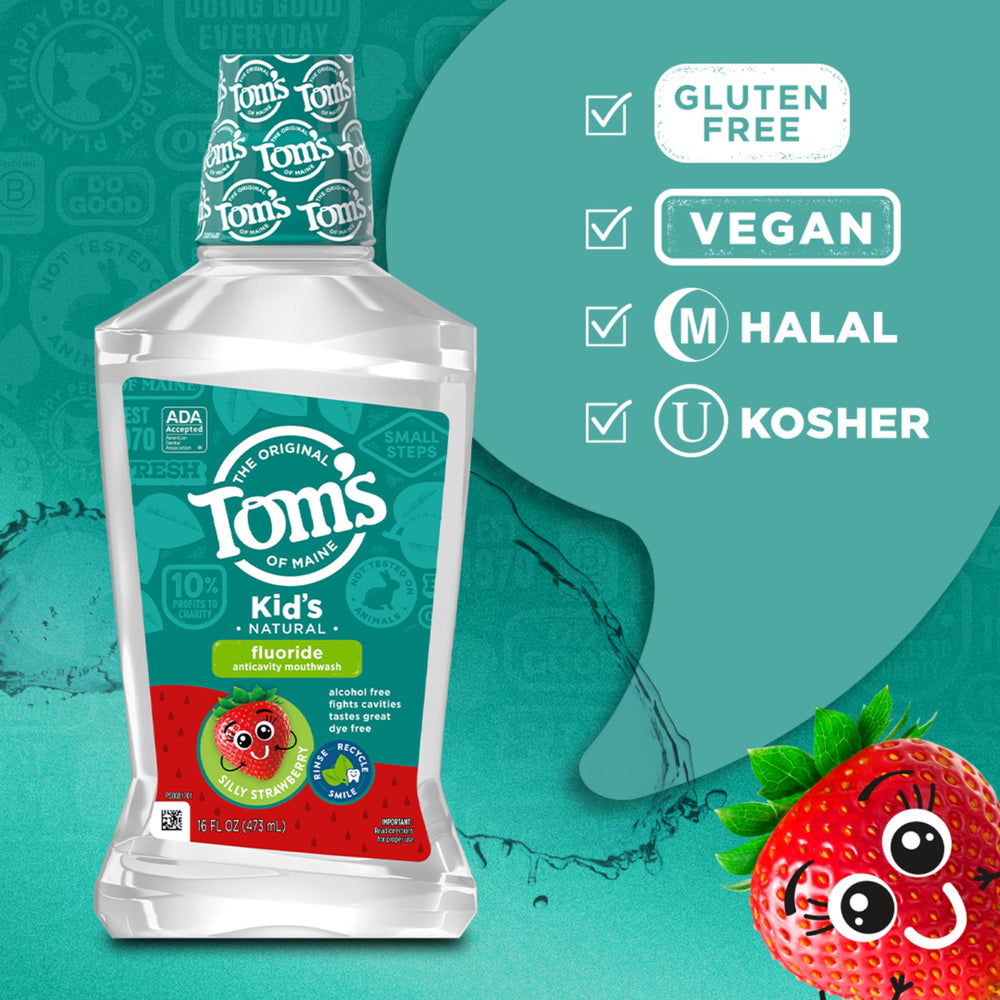 Alcohol-free Tom's of Maine mouthwash label designed for kids.