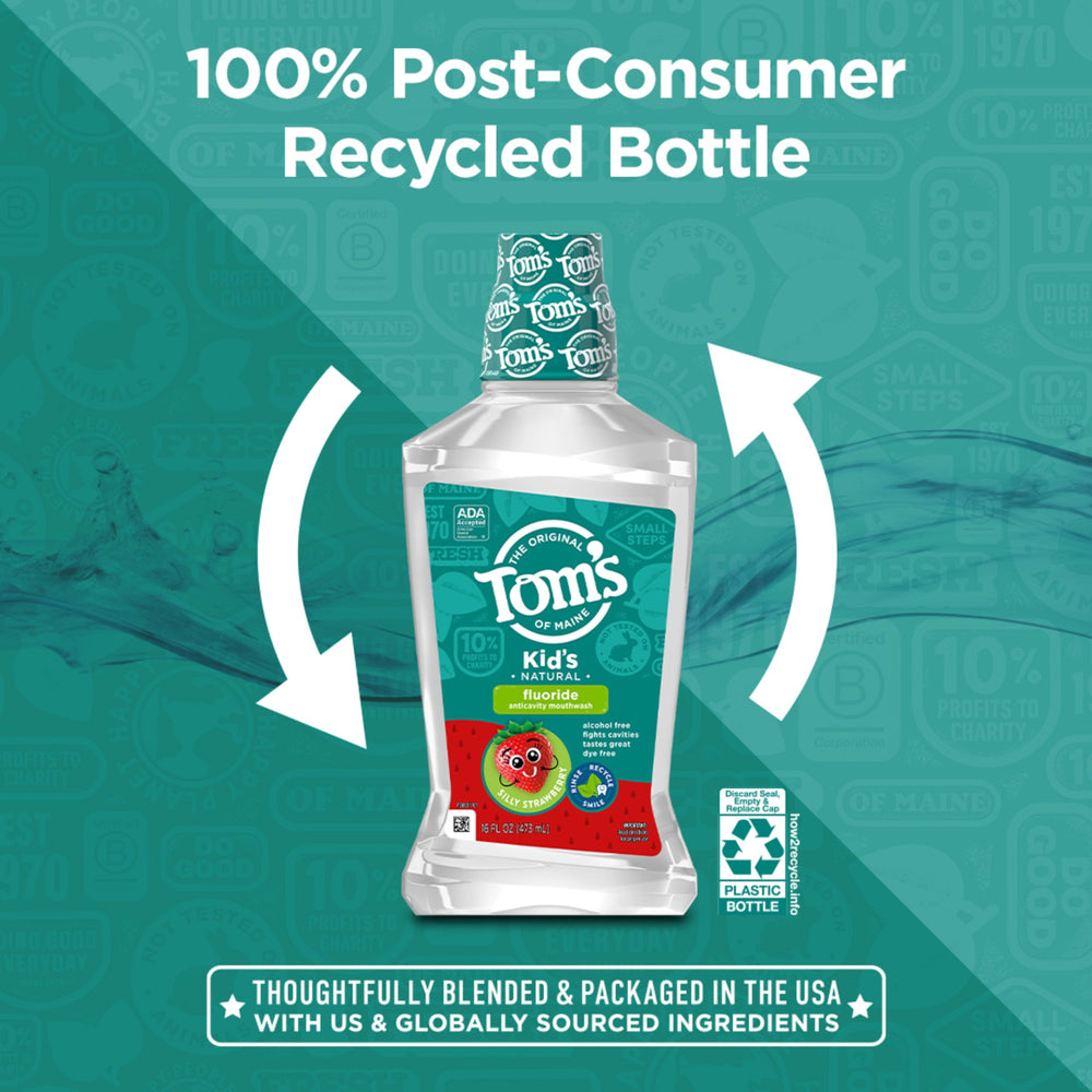 Silly Strawberry label and strawberry imagery on Tom's of Maine bottle.