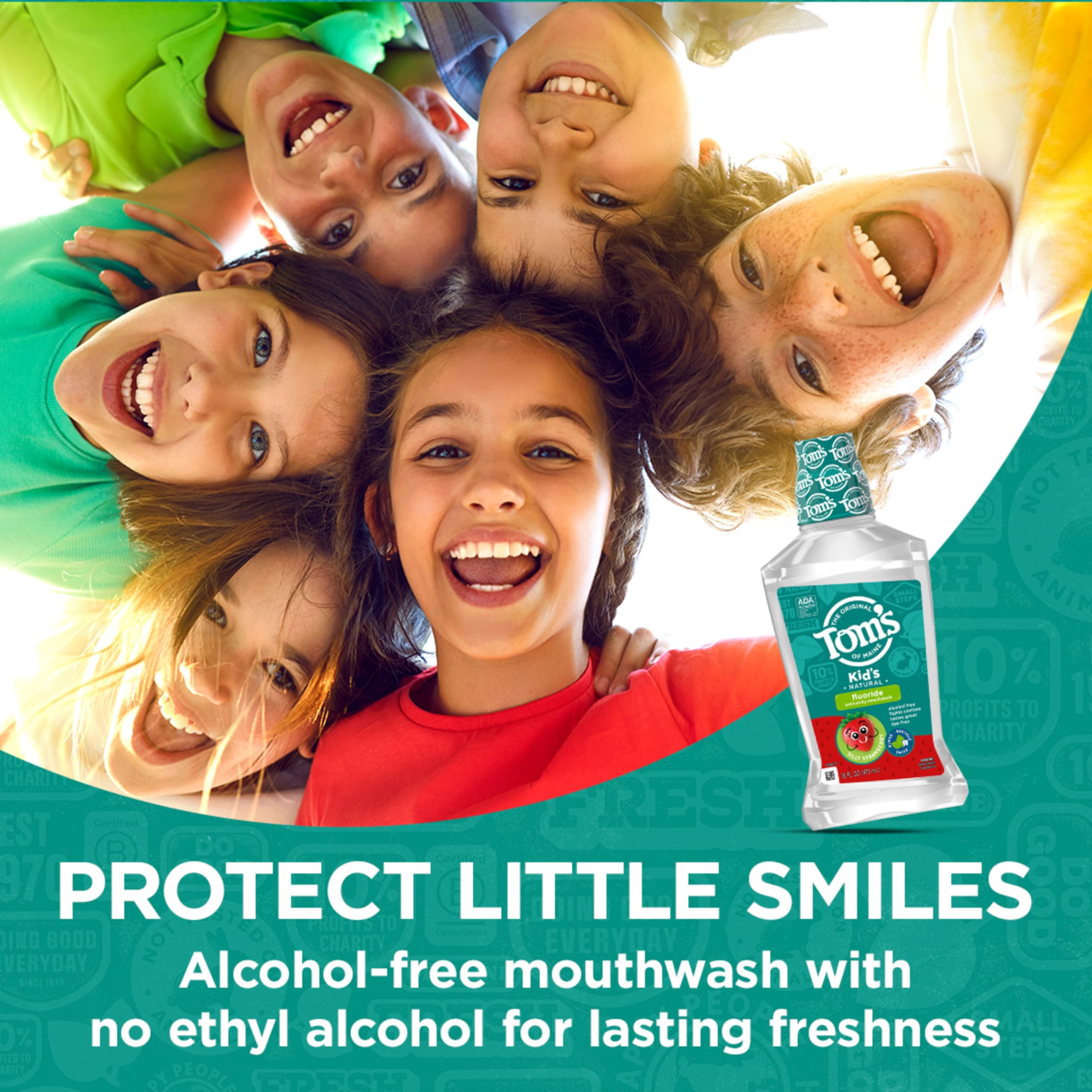 A child swishes Tom's of Maine mouthwash for a one-minute daily routine.