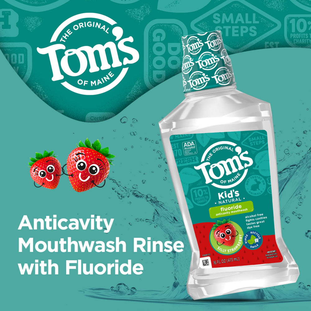 Tom's of Maine children's mouthwash bottle back highlighting fluoride protection for kids.