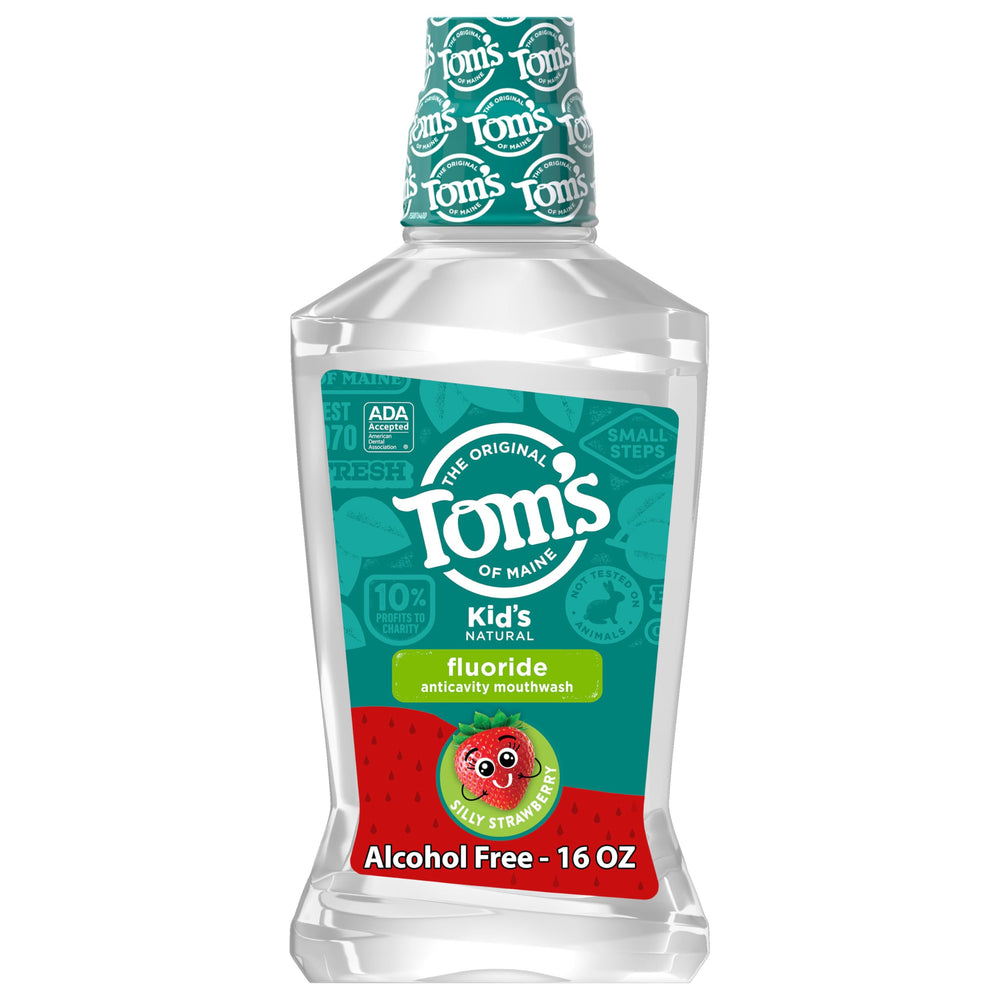 Tom's of Maine children's mouthwash bottle front in Silly Strawberry flavor for fresh breath.