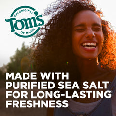 Label close-up emphasizes no artificial colors or flavors in Tom's of Maine Sea Salt Mouthwash.