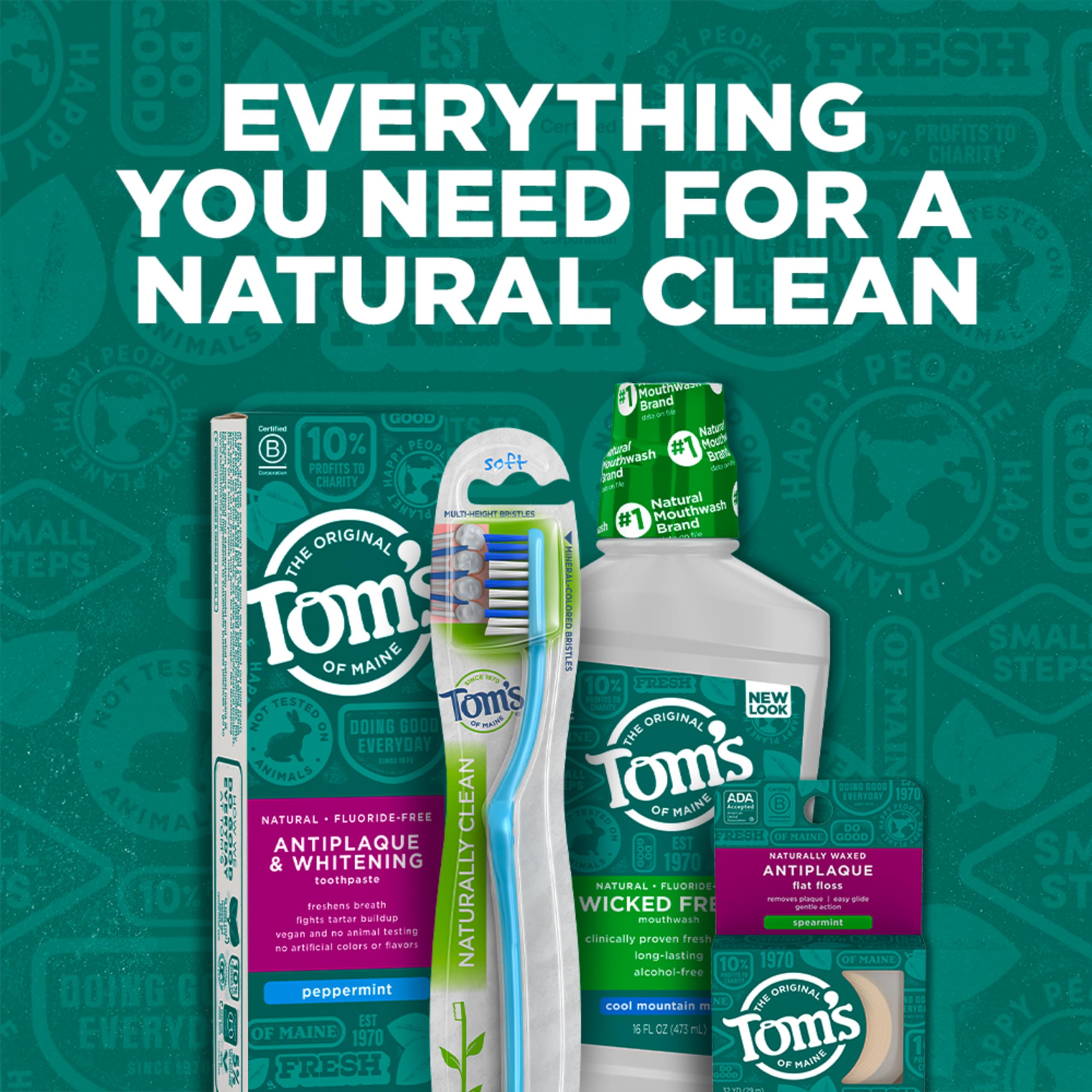 Natural ingredients panel on Tom's of Maine Sea Salt Mouthwash highlights sea salt and mint.