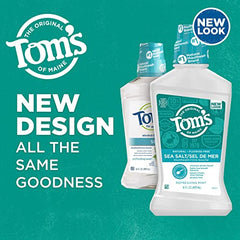 Close-up pour of Tom's of Maine Sea Salt Mouthwash showing a minty, alcohol-free rinse.