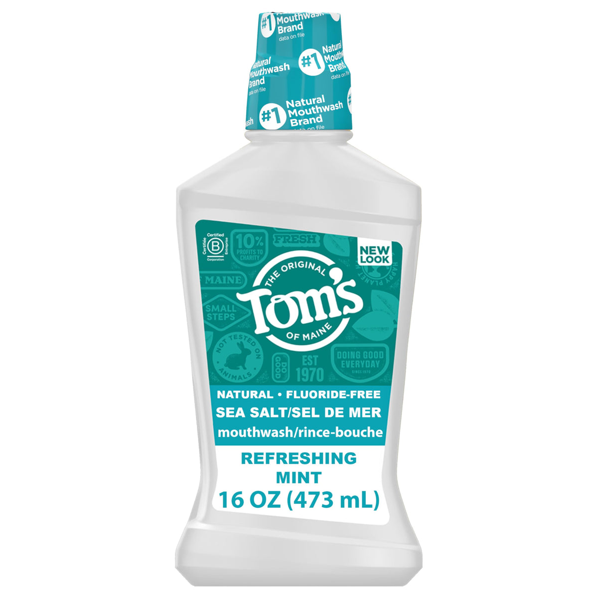 Tom's of Maine Sea Salt Mouthwash bottle with refreshing mint for a clean, long-lasting breath.