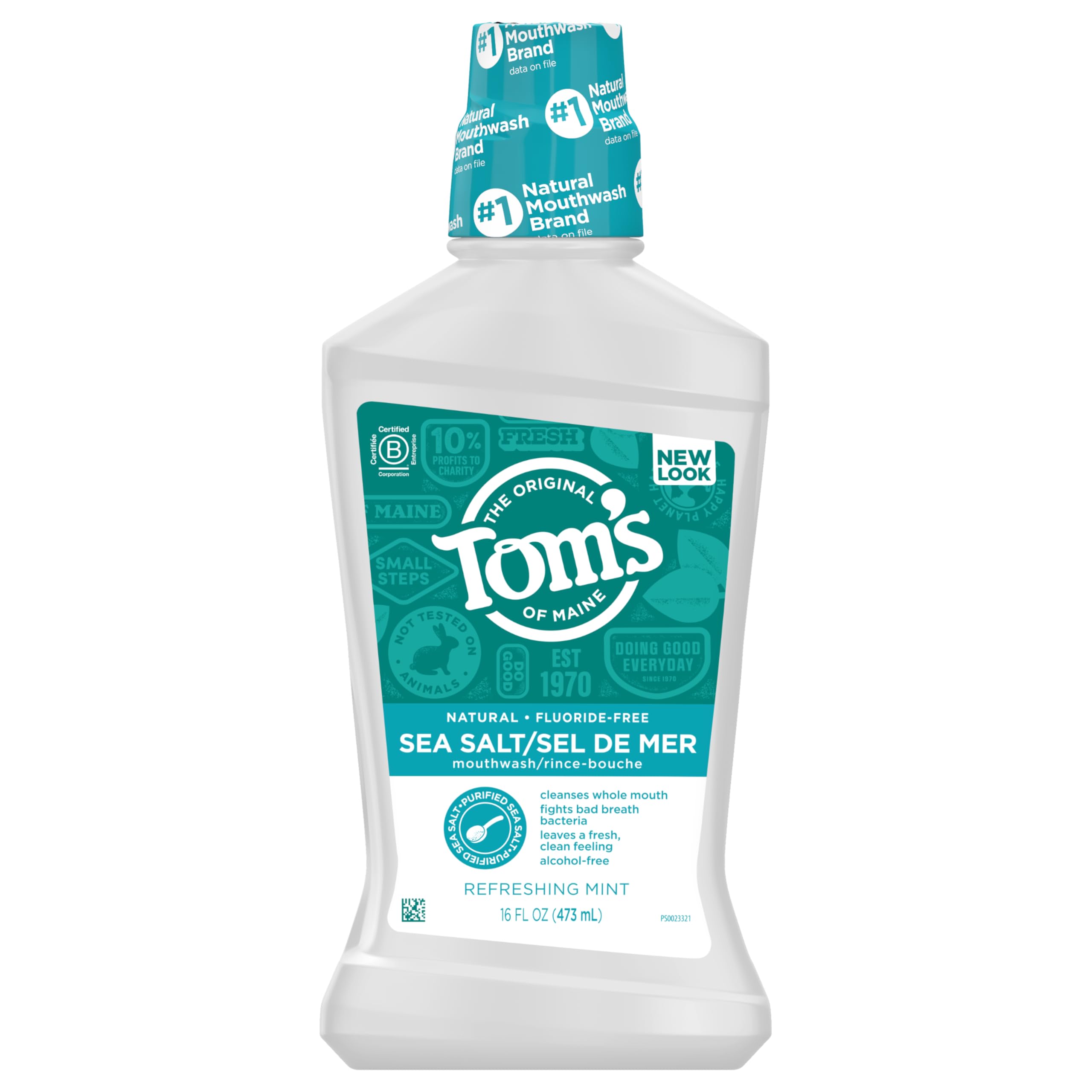 Hands swishing Tom's of Maine Sea Salt Mouthwash in a daily routine.