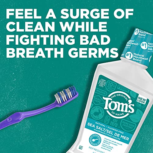Sea salt crystals photographed beside Tom's of Maine Mouthwash highlight natural freshening.