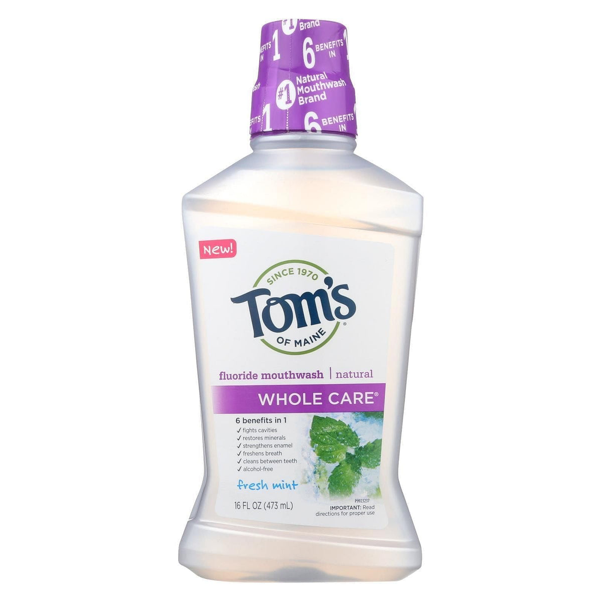 Tom's of Maine Whole Care Mouthwash Fresh Mint bottle for enamel protection and alcohol-free freshness
