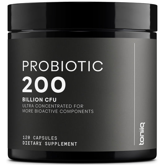 Toniiq probiotic bottle displaying high CFU and diverse strains for daily balance