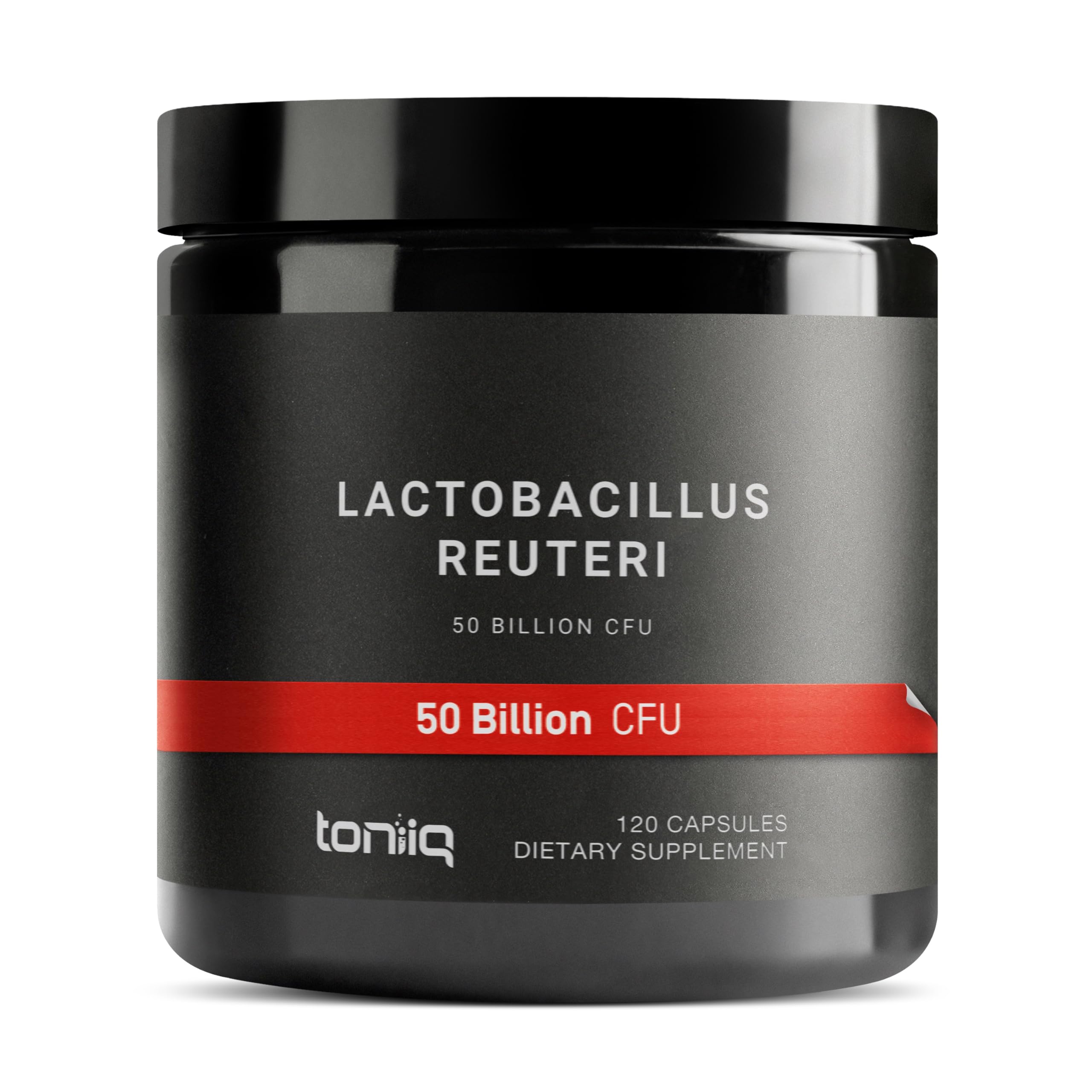 Toniiq 50B CFU L Reuteri bottle shows high potency probiotic in daily bottle