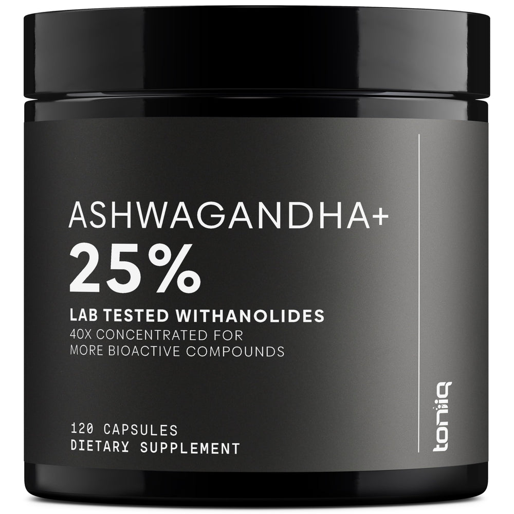 Toniiq Ashwagandha 40:1 extract bottle promotes daily calm and focus.